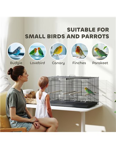 PawHut Bird Cage with Divider, 4 Wooden Perches, Slide Out Tray, 4 Feeders, for Budgie, Lovebird, Canary, 76 x 46 x 46cm, Black