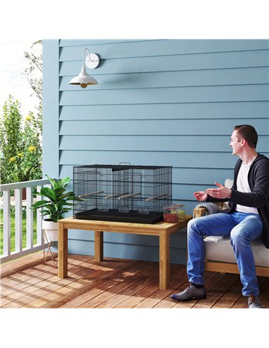 PawHut Bird Cage with Divider, 4 Wooden Perches, Slide Out Tray, 4 Feeders, for Budgie, Lovebird, Canary, 76 x 46 x 46cm, Black