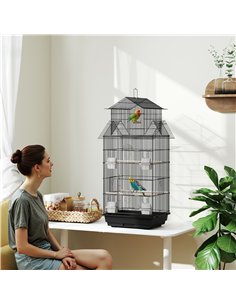 PawHut Metal Bird Cage with Plastic Swing, Perch, Food Container, Tray, Handle, for Finches, Canaries, 43 x 32.5 x 104cm 2