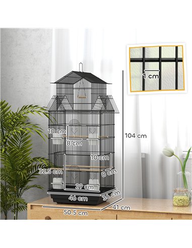 PawHut Metal Bird Cage with Plastic Swing, Perch, Food Container, Tray, Handle, for Finches, Canaries, 43 x 32.5 x 104cm