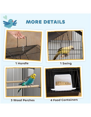 PawHut Metal Bird Cage with Plastic Swing, Perch, Food Container, Tray, Handle, for Finches, Canaries, 43 x 32.5 x 104cm