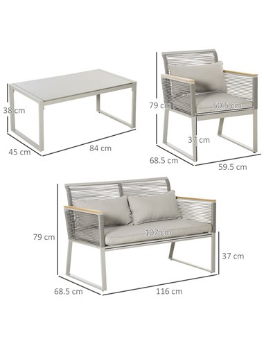 Outsunny 4 Pieces Outdoor Wicker Sofa Set with Cushions, Pillows & Tempered Glass Table, Grey