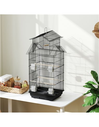 PawHut Metal Bird Cage with Plastic Swing, Perch, Food Container, Tray, Handle, for Finches, Canaries, 43 x 32.5 x 104cm