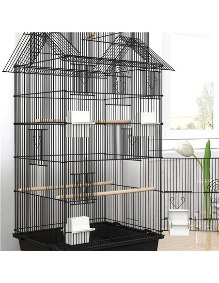 PawHut Metal Bird Cage with Plastic Swing, Perch, Food Container, Tray, Handle, for Finches, Canaries, 43 x 32.5 x 104cm - pic 158144 | FastDaddyshop