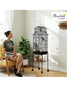 PawHut Metal Bird Cage with Plastic Swing, Perch, Food Container, Tray, Handle, for Finches, Canaries, Budgies, 43 x 32.5 x 163 2
