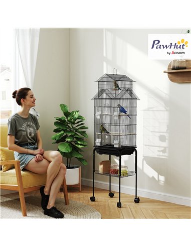 PawHut Metal Bird Cage with Plastic Swing, Perch, Food Container, Tray, Handle, for Finches, Canaries, Budgies, 43 x 32.5 x 163