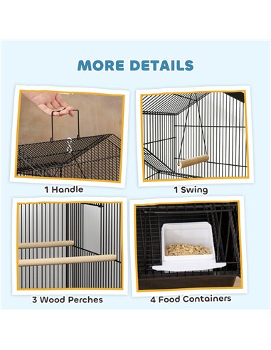 PawHut Metal Bird Cage with Plastic Swing, Perch, Food Container, Tray, Handle, for Finches, Canaries, Budgies, 43 x 32.5 x 163