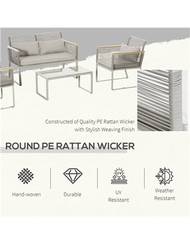 Outsunny 4 Pieces Outdoor Wicker Sofa Set with Cushions, Pillows & Tempered Glass Table, Grey