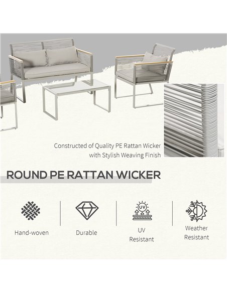 Outsunny 4 Pieces Outdoor Wicker Sofa Set with Cushions, Pillows & Tempered Glass Table, Grey - pic 15815 | FastDaddyshop