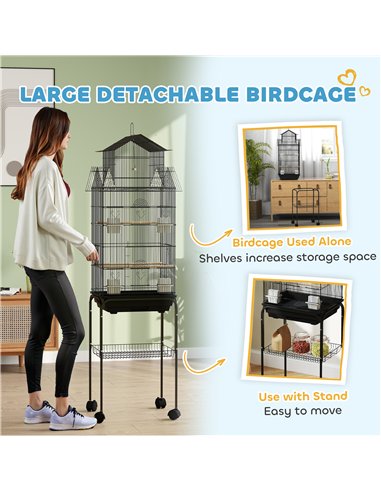 PawHut Metal Bird Cage with Plastic Swing, Perch, Food Container, Tray, Handle, for Finches, Canaries, Budgies, 43 x 32.5 x 163