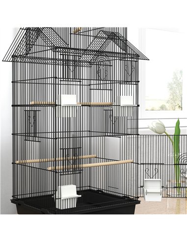 PawHut Metal Bird Cage with Plastic Swing, Perch, Food Container, Tray, Handle, for Finches, Canaries, Budgies, 43 x 32.5 x 163