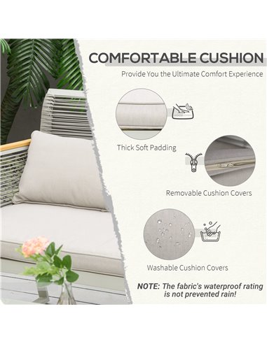 Outsunny 4 Pieces Outdoor Wicker Sofa Set with Cushions, Pillows & Tempered Glass Table, Grey