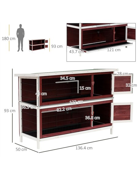 PawHut Rabbit Hutch Outdoor 2-Tier Guinea Pig Cage Bunny House Cage with No-Leak Trays for Indoor and Outdoor 136 x 50 x 93cm - pic 158174 | FastDaddyshop