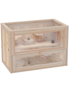 PawHut Wooden Hamster Cage Mouse Mice Rodent Small Animals Hutch Exercise Play House 60 x 35 x 42cm, Natural Wood Finish