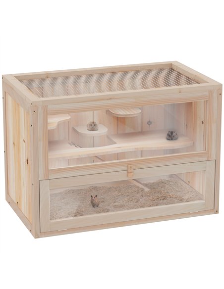 PawHut Wooden Hamster Cage Mouse Mice Rodent Small Animals Hutch Exercise Play House 60 x 35 x 42cm, Natural Wood Finish - pic 158181 | FastDaddyshop
