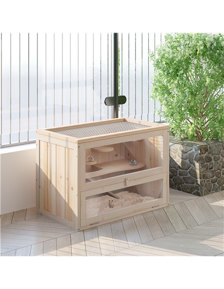 PawHut Wooden Hamster Cage Mouse Mice Rodent Small Animals Hutch Exercise Play House 60 x 35 x 42cm, Natural Wood Finish - pic 158182 | FastDaddyshop