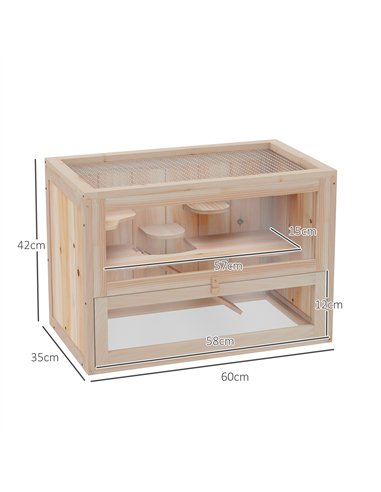 PawHut Wooden Hamster Cage Mouse Mice Rodent Small Animals Hutch Exercise Play House 60 x 35 x 42cm, Natural Wood Finish