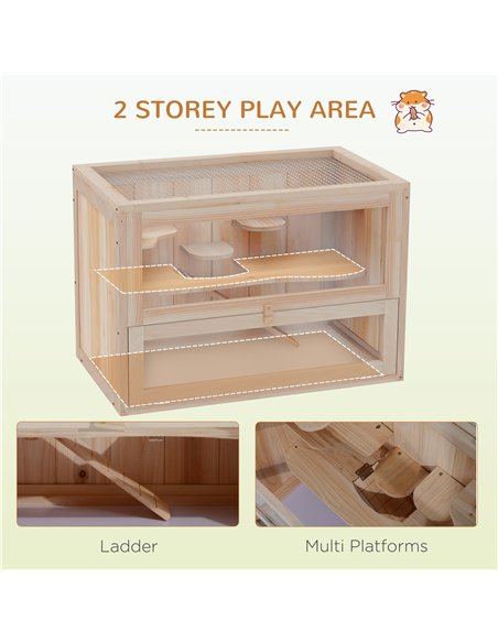 PawHut Wooden Hamster Cage Mouse Mice Rodent Small Animals Hutch Exercise Play House 60 x 35 x 42cm, Natural Wood Finish - pic 158184 | FastDaddyshop