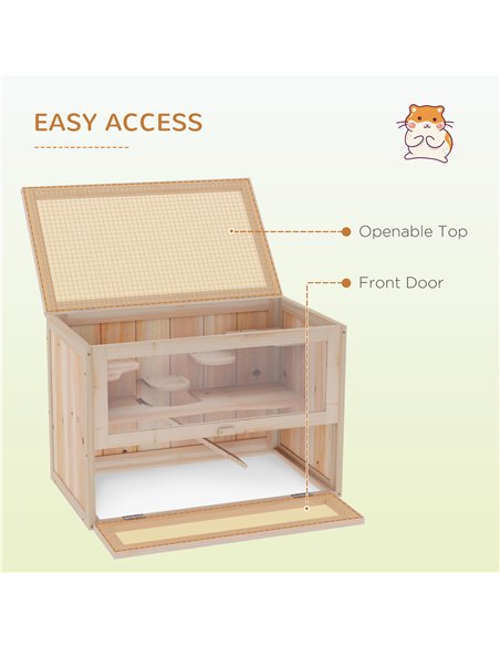 PawHut Wooden Hamster Cage Mouse Mice Rodent Small Animals Hutch Exercise Play House 60 x 35 x 42cm, Natural Wood Finish - pic 158185 | FastDaddyshop