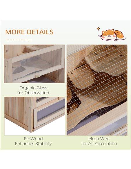 PawHut Wooden Hamster Cage Mouse Mice Rodent Small Animals Hutch Exercise Play House 60 x 35 x 42cm, Natural Wood Finish - pic 158186 | FastDaddyshop