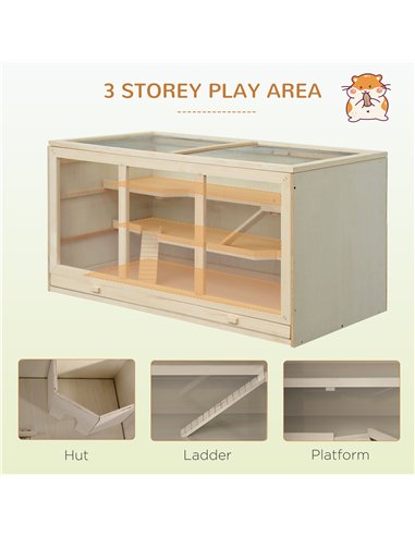 PawHut Wooden Hamster Cage, Small Animals Hutch with Tray, Openable Top, Exercise Play House Pen, 115L x 57W x 55Hcm, Natural
