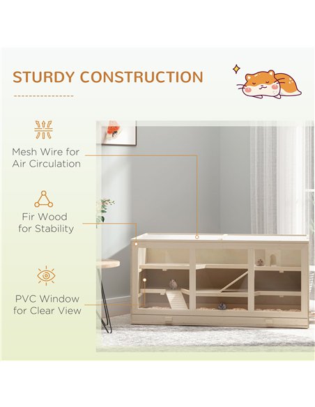 PawHut Wooden Hamster Cage, Small Animals Hutch with Tray, Openable Top, Exercise Play House Pen, 115L x 57W x 55Hcm, Natural - pic 158195 | FastDaddyshop