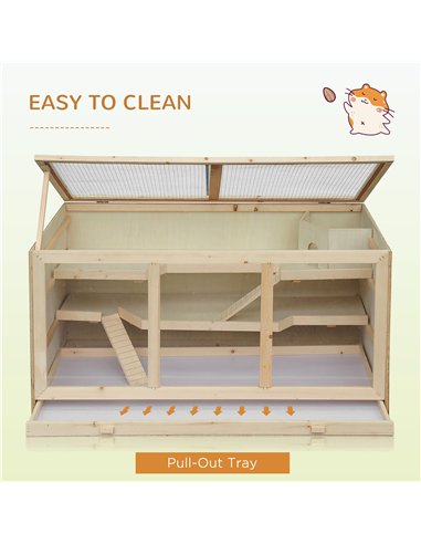 PawHut Wooden Hamster Cage, Small Animals Hutch with Tray, Openable Top, Exercise Play House Pen, 115L x 57W x 55Hcm, Natural