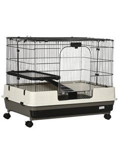 PawHut 2 Tier Rolling Small Animal Rabbit Cage Chinchillas Hutch Pet Play House with Platform Ramp Removable Tray 80 x 52.7 x 66