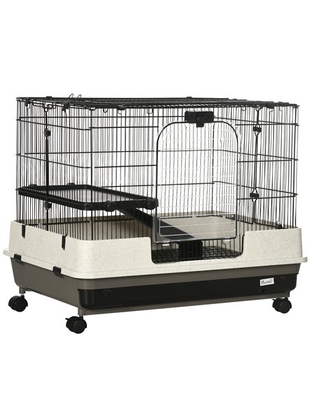 PawHut 2 Tier Rolling Small Animal Rabbit Cage Chinchillas Hutch Pet Play House with Platform Ramp Removable Tray 80 x 52.7 x 66 - pic 158217 | FastDaddyshop