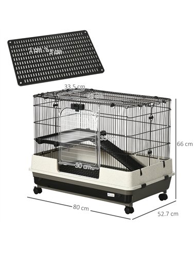 PawHut 2 Tier Rolling Small Animal Rabbit Cage Chinchillas Hutch Pet Play House with Platform Ramp Removable Tray 80 x 52.7 x 66