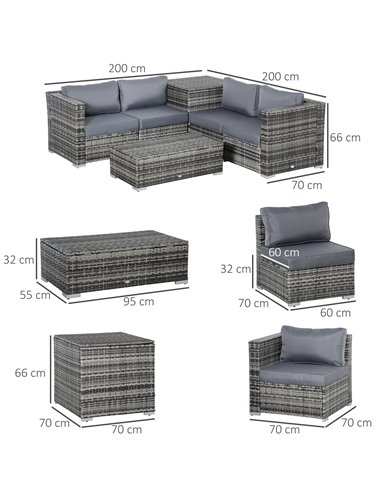 Outsunny 6PC Rattan Corner Sofa Set with Coffee Table, Cushion, Grey