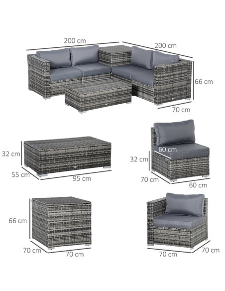 Outsunny 6PC Rattan Corner Sofa Set with Coffee Table, Cushion, Grey - pic 15822 | FastDaddyshop