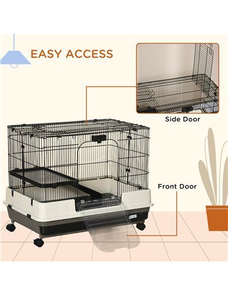 PawHut 2 Tier Rolling Small Animal Rabbit Cage Chinchillas Hutch Pet Play House with Platform Ramp Removable Tray 80 x 52.7 x 66 - pic 158220 | FastDaddyshop