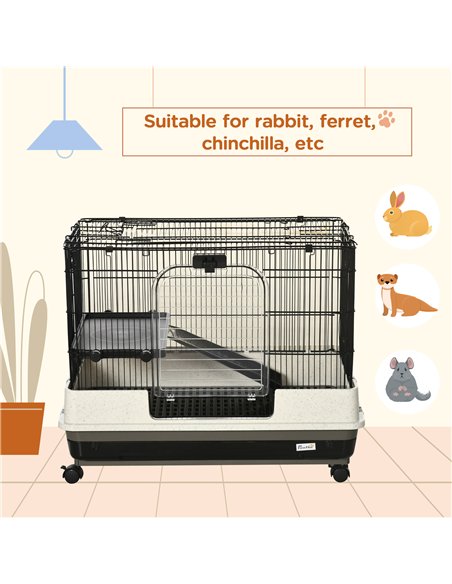 PawHut 2 Tier Rolling Small Animal Rabbit Cage Chinchillas Hutch Pet Play House with Platform Ramp Removable Tray 80 x 52.7 x 66 - pic 158221 | FastDaddyshop