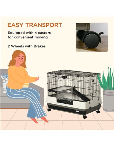 PawHut 2 Tier Rolling Small Animal Rabbit Cage Chinchillas Hutch Pet Play House with Platform Ramp Removable Tray 80 x 52.7 x 66