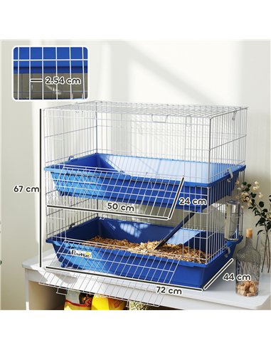PawHut Double Tier Small Animal Cage Rabbit Chinchillas Cage w/ Ramp Food Dish Water Bottle Deep Trays Pet Home 72 x 44 x 67 cm