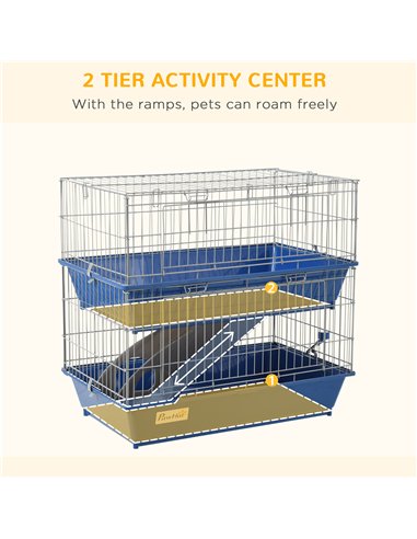 PawHut Double Tier Small Animal Cage Rabbit Chinchillas Cage w/ Ramp Food Dish Water Bottle Deep Trays Pet Home 72 x 44 x 67 cm