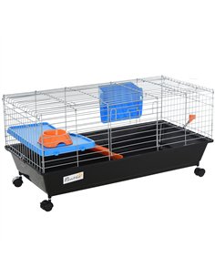 PawHut Small Animal Cage Rabbit Guinea Pigs Chinchillas Cage w/ Wheels Water Bottle Food Dish Platform Ramp 89 x 44 x 43 cm Blac