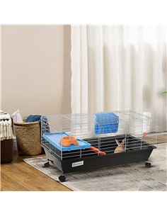 PawHut Small Animal Cage Rabbit Guinea Pigs Chinchillas Cage w/ Wheels Water Bottle Food Dish Platform Ramp 89 x 44 x 43 cm Blac 2