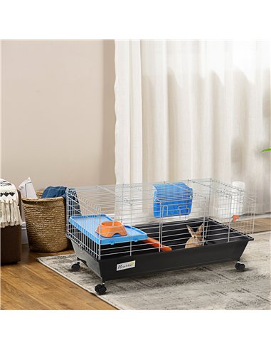 PawHut Small Animal Cage Rabbit Guinea Pigs Chinchillas Cage w/ Wheels Water Bottle Food Dish Platform Ramp 89 x 44 x 43 cm Blac
