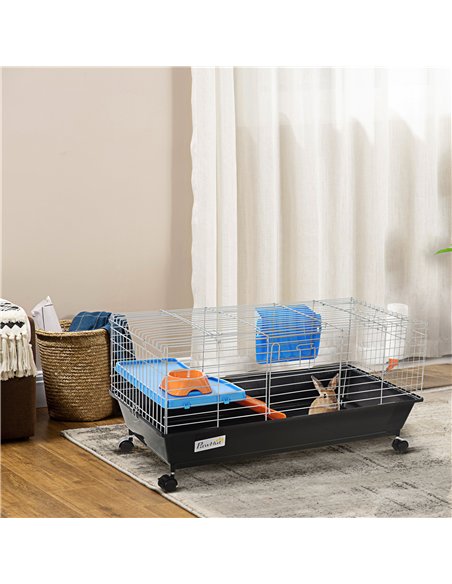 PawHut Small Animal Cage Rabbit Guinea Pigs Chinchillas Cage w/ Wheels Water Bottle Food Dish Platform Ramp 89 x 44 x 43 cm Blac - pic 158236 | FastDaddyshop