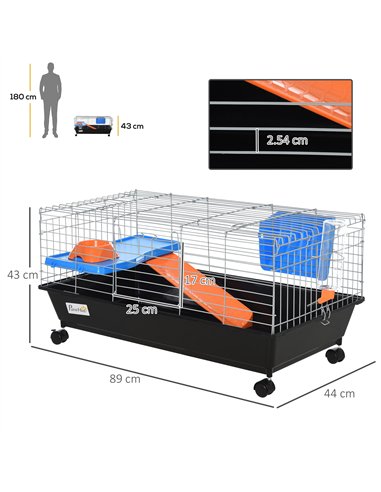 PawHut Small Animal Cage Rabbit Guinea Pigs Chinchillas Cage w/ Wheels Water Bottle Food Dish Platform Ramp 89 x 44 x 43 cm Blac