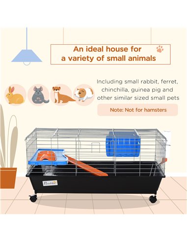 PawHut Small Animal Cage Rabbit Guinea Pigs Chinchillas Cage w/ Wheels Water Bottle Food Dish Platform Ramp 89 x 44 x 43 cm Blac