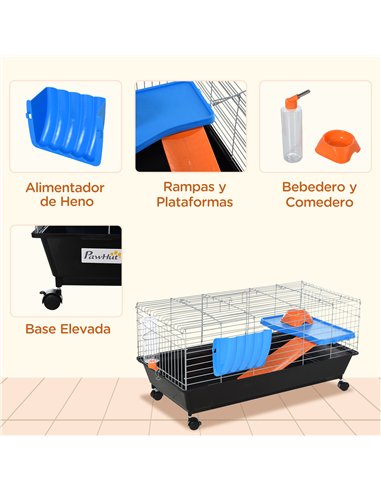 PawHut Small Animal Cage Rabbit Guinea Pigs Chinchillas Cage w/ Wheels Water Bottle Food Dish Platform Ramp 89 x 44 x 43 cm Blac