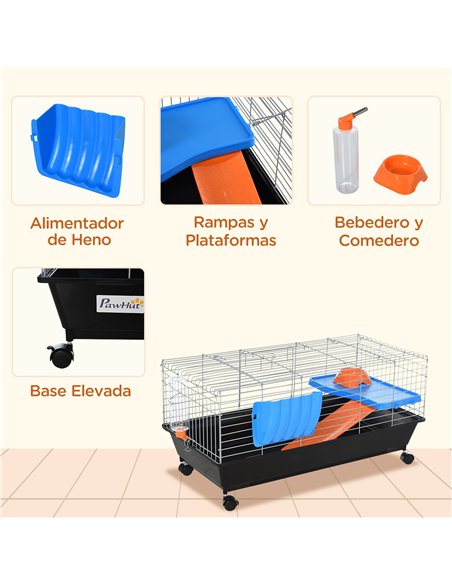 PawHut Small Animal Cage Rabbit Guinea Pigs Chinchillas Cage w/ Wheels Water Bottle Food Dish Platform Ramp 89 x 44 x 43 cm Blac - pic 158240 | FastDaddyshop
