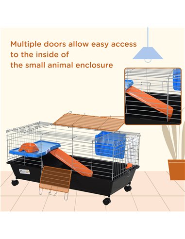 PawHut Small Animal Cage Rabbit Guinea Pigs Chinchillas Cage w/ Wheels Water Bottle Food Dish Platform Ramp 89 x 44 x 43 cm Blac