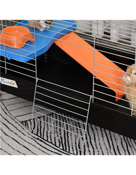PawHut Small Animal Cage Rabbit Guinea Pigs Chinchillas Cage w/ Wheels Water Bottle Food Dish Platform Ramp 89 x 44 x 43 cm Blac - pic 158243 | FastDaddyshop
