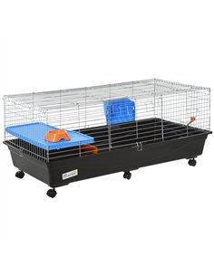 PawHut Small Animal Cage Rabbit Guinea Pigs Chinchillas Cage w/ Wheels Water Bottle Food Dish Platform Ramp 119 x 59 x 50 cm Bla