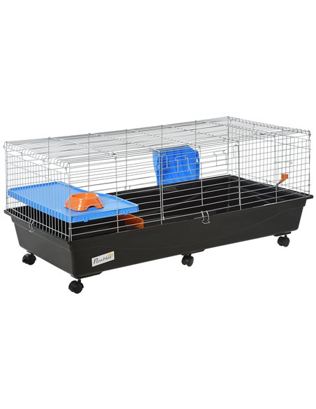 PawHut Small Animal Cage Rabbit Guinea Pigs Chinchillas Cage w/ Wheels Water Bottle Food Dish Platform Ramp 119 x 59 x 50 cm Bla - pic 158244 | FastDaddyshop
