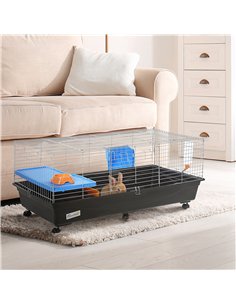 PawHut Small Animal Cage Rabbit Guinea Pigs Chinchillas Cage w/ Wheels Water Bottle Food Dish Platform Ramp 119 x 59 x 50 cm Bla 2